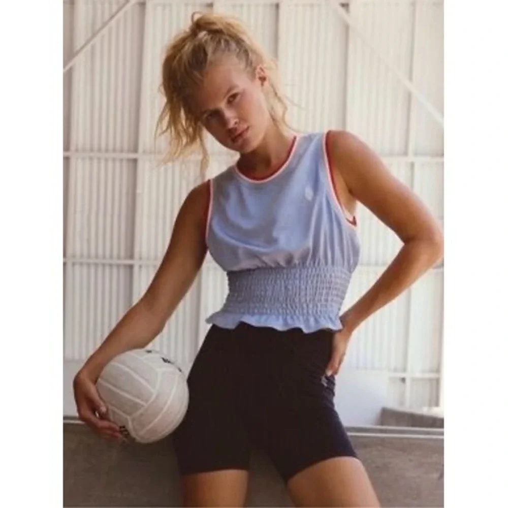 Free People FP Movement Women Size SMALL Prime Time Tank Top Blue Grey Smocked - Picture 1 of 9